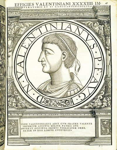 Valentiniano, ilustración de Imperatorum romanorum omnium orientalium et occidentalium verissimae imagines ex antiquis numismatis de Hans Rudolf Manuel Deutsch